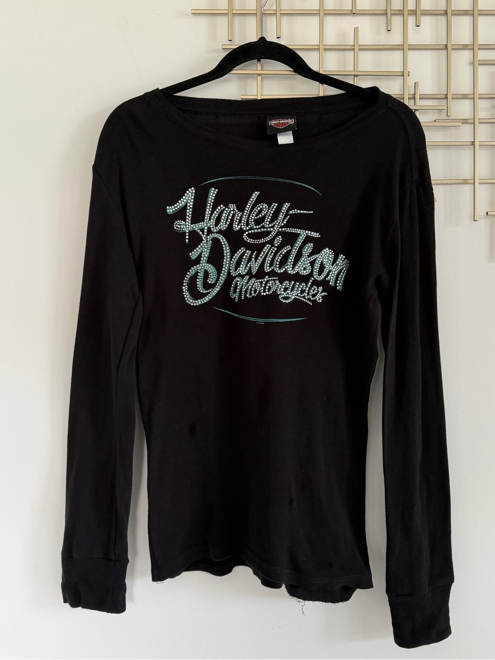 Harley-Davidson Black Long Sleeve Script Logo Tee with Rhinestones